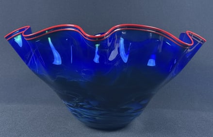 Mike Wallace Art Glass Clouded  Fluted Bowl 2009 No cracks. Blue with red rim. 16 inches wide by 7.5