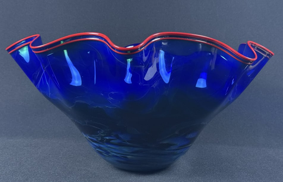 Mike Wallace Art Glass Clouded  Fluted Bowl 2009 No cracks. Blue with red rim. 16 inches wide by 7.5 (1 of 5)