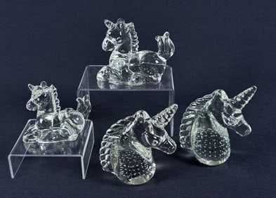 Clear Art Glass Unicorn Paperweights Grouping 4 pieces. See photos for items and condition details.4