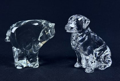 Clear Art Glass Polar Bear & Waterford Labrador Dog. No makers mark on bear. 4 x 4 inches. Waterford