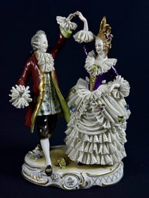 Vintage Dresden Style Porcelain Dancing Couple 1926 Some small damage on parts of the lace see