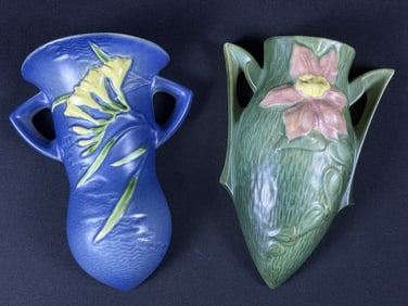 Vintage Roseville Pottery Wall Vase Pair Good condition free from chips or cracks. Crazing on green