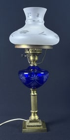 Vintage Cobalt Blue Glass  & Brass Lamp Works.  Signs of age/wear including scuffs and scratches on