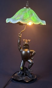 Bronze King Frog Table Lamp Green Glass Shade Good working condition. 19.5 inches tall. Shade 10