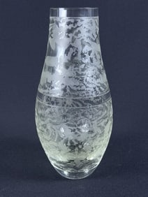 Vintage Etched Clear Art Glass Vase 10 inches tall by 4.5 inches wide. Glass is 1/4 inch + thick. no