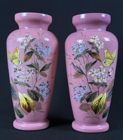 Pair Vintage Pink Bristol Hand Painted Vases 10.5 inches tall by 4.5 inches wide at widest point. No