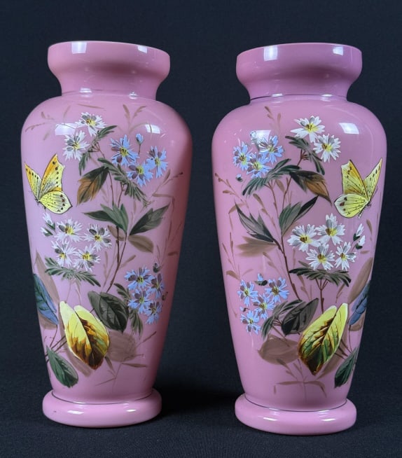 Pair Vintage Pink Bristol Hand Painted Vases 10.5 inches tall by 4.5 inches wide at widest point. No (1 of 9)