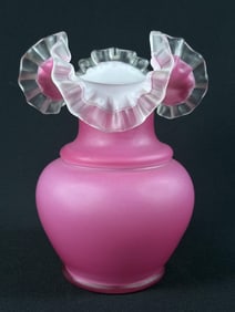 Vintage Cranberry Art Glass Crimped Vase 9.5 inches tall by 6 inches wide.