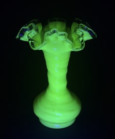 Vintage Uranium Art Glass Ruffled Vase 8 x 5.5 inches.  Good condition free from chips or cracks.