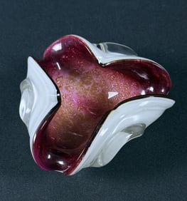 Vintage Italian Art Glass Cranberry White Gold Flake 5 x 5 x 2.5 inches. No cracks or chips. Please
