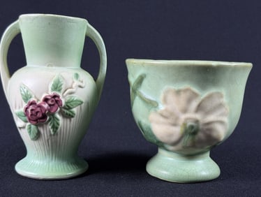 Vintage Weller Vase & Bowl Cup 5 x 4 and 4 x 4.5 inches. Crazing present as well as other signs of