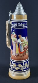 Vintage Grez Large German Beer Stein Pewter handle broken off. 18.75 x 7 inches wide including
