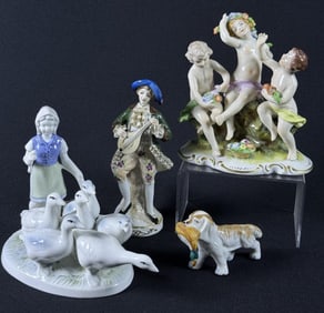 Mixed Grouping Porcelain Figurines Cherubs 5.5 x 6 inches, girl with geese 5.5 x 5.5 inches, dog