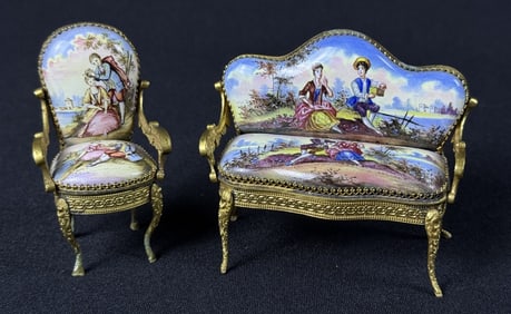 Miniature Enamel Bronze Furniture Chair Sofa 2.75 inches tall. 1.5 and 3 inches long. Some