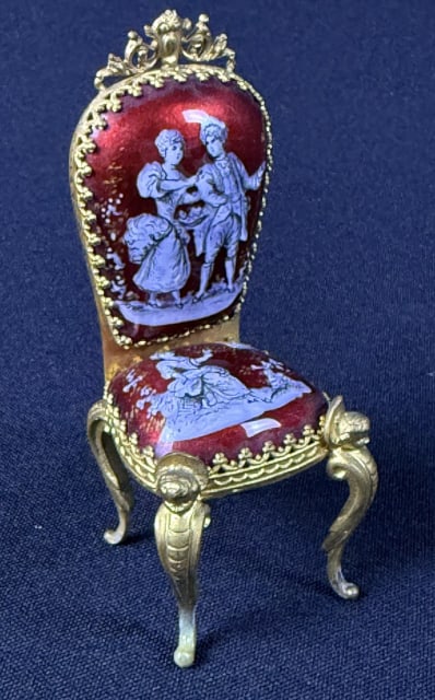 Miniature Enamel Bronze Chair Red 3.25 x 1.5 x 1.25 inches. Please see photos for condition: 3.25 x 1.5 x 1.25 inches. Please see photos for condition information. No cracks or broken off bits.