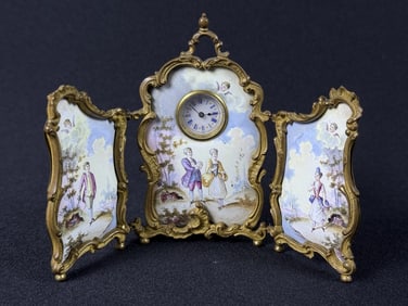 Miniature Enamel Bronze Tripartite Screen Clock 3.5 x 5.5 inches. Back middle leg missing. Clock