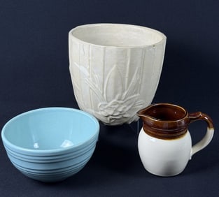 McCoy Pottery Mixed Grouping Bowl Pot Creamer 6.5 x 7 inches. Bowl and Flower pot have crazing, some