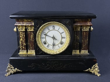 Waterbury Lacquered Wood Mantle Clock With key and pendulum. Untested. 16.5 x 10 x 7 inches. Some