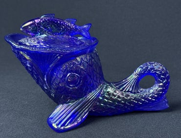 Cobalt Blue Iridescent Carnival Glass Dolphin Dish With fish lid. No cracks chips or repairs.