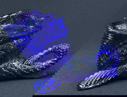 Cobalt Blue Iridescent Carnival Glass Dolphin Dish With fish lid. No cracks chips or repairs.: With fish lid. No cracks chips or repairs. Measures 7 x 3.5 x 3 inches.