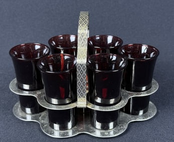 Vintage Mid Century Ruby Red Shot Glass Set 6 Glasses with caddy. Free from damage. Glasses each