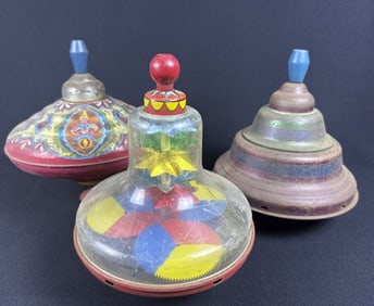 Vintage Tin Spinning Top Toy Grouping 3 toys all working.  Each around 10 inches tall by 8-10 inches