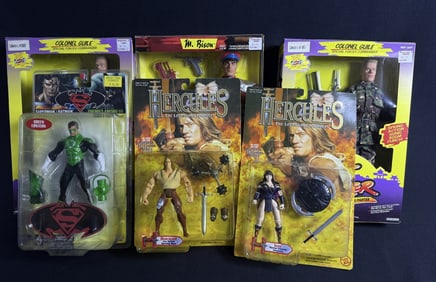 Action Figure Mixed Lot Xena Street Fighter Hercules Green Lantern. Unopened.  Some warping on card