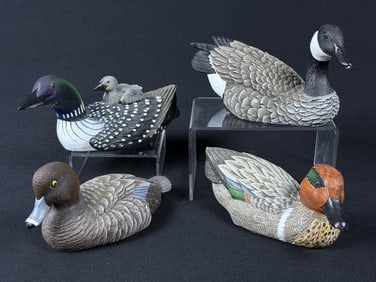 Heritage Decoys JB Garton Carved Miniatures Green Winged Teal, Hen Red Head, Loon with Chick and