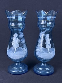 Pair Mary Gregory Painted Blue Art Glass Vases 10.5 x 3.75 inches. Gold paint is wearing off. No