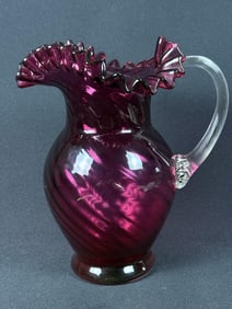 Fenton Cranberry Ruffled Art Glass Pitcher Swirl pattern. 10 inches tall by 8 inches wide. No cracks