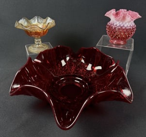 Vintage Ruffled Art Glass Mixed Grouping Marigold candy dish measures 4.25 x 6 inches. Ruby red bowl