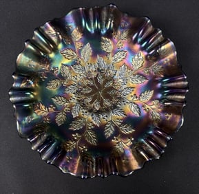 Vintage Carnival Glass Ruffled Bowl 2 x 9 inches. No chips or cracks. No makers mark possible