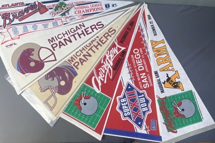 Sports Pennants Cherry Bowl Super Bowl Set of six sports pennants, two from the Cherry Bowl, one