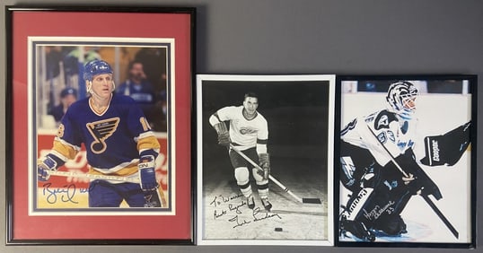 Three Signed NHL Photographs in Frames Signed photographs of players from Detroit, St Louis, and