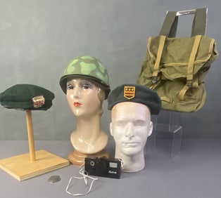 Vintage Military Dress Up Set Two soldier green berets, one helmet, toy camera, toy badge, and toy
