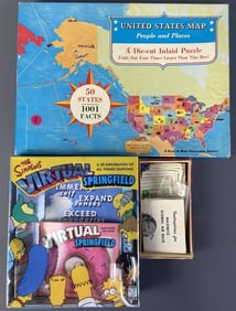 Puzzle and Game Lot Set of Three Simpsons CD Rom Virtual Springfield, vintage United States map