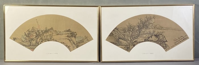 Antique Framed Qing Dynasty Fans Two framed fans by Qing Dynasty artist Wu Hong, Jianjing Mountain