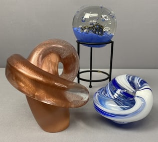 3pc Hand Blown Glass Sculptures and Paperweight Lot of 3 pieces of hand blown glass. Blue swirl