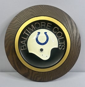 Baltimore Colts Helmet Wall Plaque on Vintage wooden Baltimore Colts wall plaque in good condition.