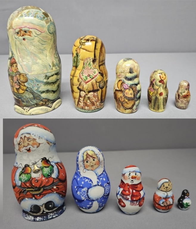 Vintage Wooden Russian Christmas Nesting Dolls Signed: Signed Woman in blue not snug when put on side. Small surface crack on snowman.