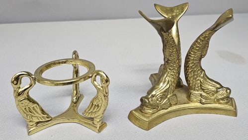 Vintage Brass Koi Fish & Bird Orb Holders Bird one appears to be gold colored metal not brass.