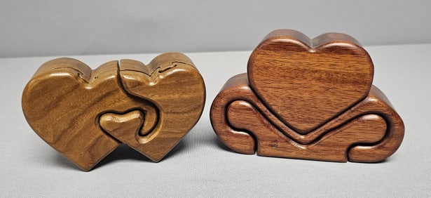 2 Hand Carved Wooden Heart Puzzle Boxes 2 Hand Carved Wooden Heart Puzzle Boxes