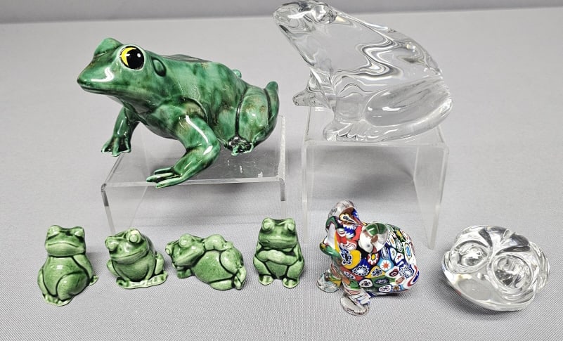 Collection of Frog Figurines Inc Baccarat A collection of Pottery, Glass, and Crystal Frogs. Small: A collection of Pottery, Glass, and Crystal Frogs. Small green frog has chip on eye (photo #4) otherwise no chips, cracks or repairs.