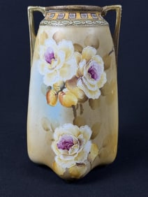 Vintage Nippon Handled Vase Floral Design 8.75 x 5 inches. No makers mark. No cracks, chips or