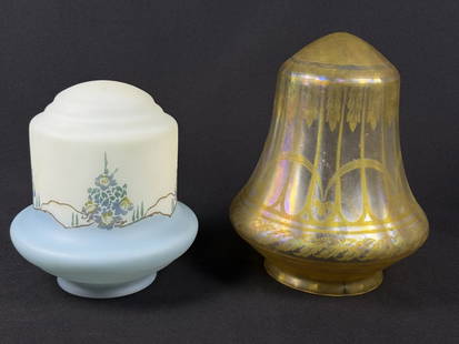 Vintage Glass Lampshades Iridescent & Painted No makers marks. See photos for item and condition: No makers marks. See photos for item and condition details. 10 x 8 and 7.75 x 7.25 inches.