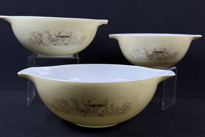 Vintage Pyrex Forest Fancies Mushroom Mixing Bowls 10.25 x 4.25 ,7.25 x 3.5 & 8.5 x 3.75. Utensil