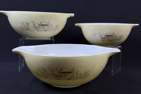 Vintage Pyrex Forest Fancies Mushroom Mixing Bowls 10.25 x 4.25 ,7.25 x 3.5 & 8.5 x 3.75. Utensil: 10.25 x 4.25 ,7.25 x 3.5 & 8.5 x 3.75. Utensil marks in each. No chips or cracks.