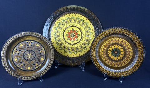 Vintage Wooden Inlay Decorative Plates One marked Poland. 10 x .75 inches, 10.5 x .5 inches and 15.5