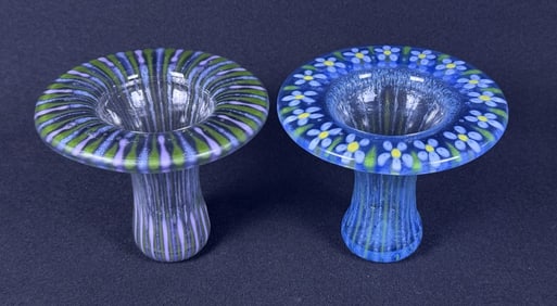 Pair Art Glass Dropout Vases Unknown signature on each. Measure 3.5 x 4.5 inches. No cracks or chips