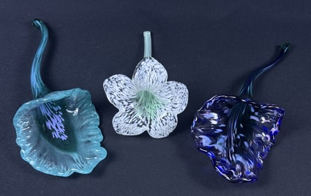 Art Glass Blossom Holder Vase Grouping Two measure 12 x 4 x 2.5 inches. Other measures 9 x 4 x 4